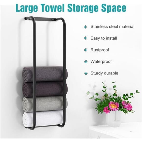 Towel Rack Wall Mounted, Stainless Steel Towel Racks, Black - Picture 2 of 8